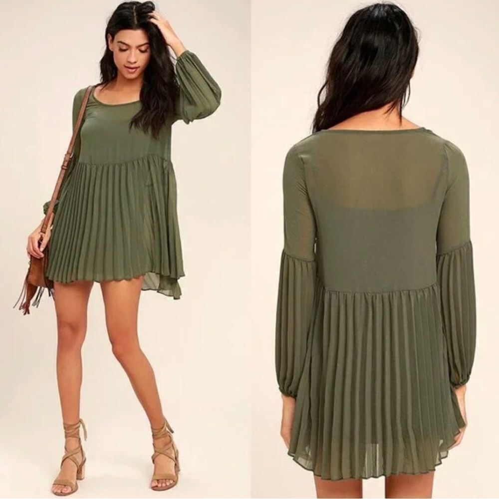 Lulus Olive Green Pleated Long Sleeve Swing Dress